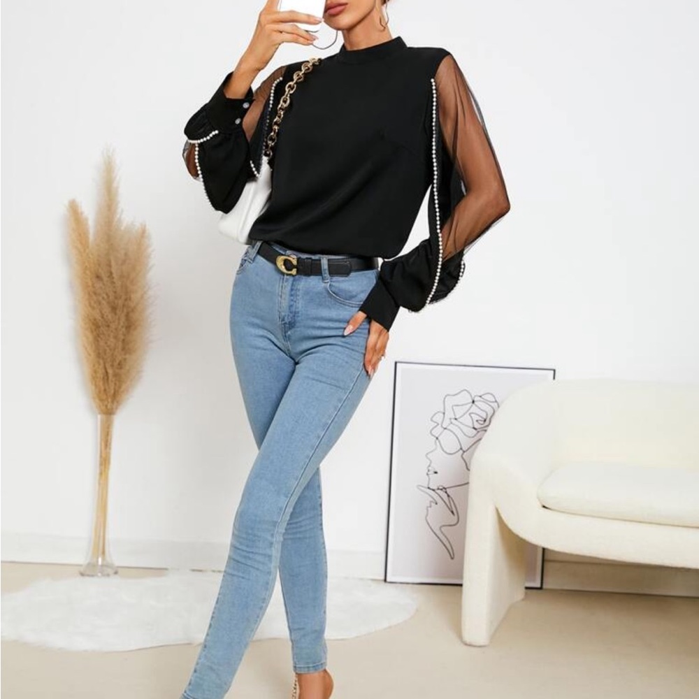 Elegant Sheer Mesh Long Sleeve Pearls Beaded Mock Neck Blouse Blue - Picture 8 of 14